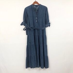 NEW GAP Denim Tiered Midi Dress Medium Wash Size M Button Front Blue‎
